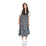 Fake Two Lattice With A Dress Woman Summer Giant Good-Looking College Wind Leisure Relaxed Age-Covered Thin Skirt