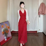 Seaside Holiday Temperament Red V-Necked Flower Sleeveless Dress Women's Summer 2025 New High-End Long Dress