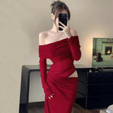 Lightly Familiar Sister Wind Shoulder Hollow Dress Girl Spring And Autumn Tight-Lender Hips Skirt Dress Dress Dress Dress Dress Dress Dress