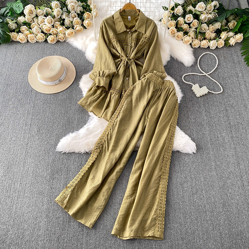Gentle-Wind Pink Lace Spliced Lap-Over Shirt Long-Lens Waist Coat Two Sets Of High-Rise Thin Leg Pants