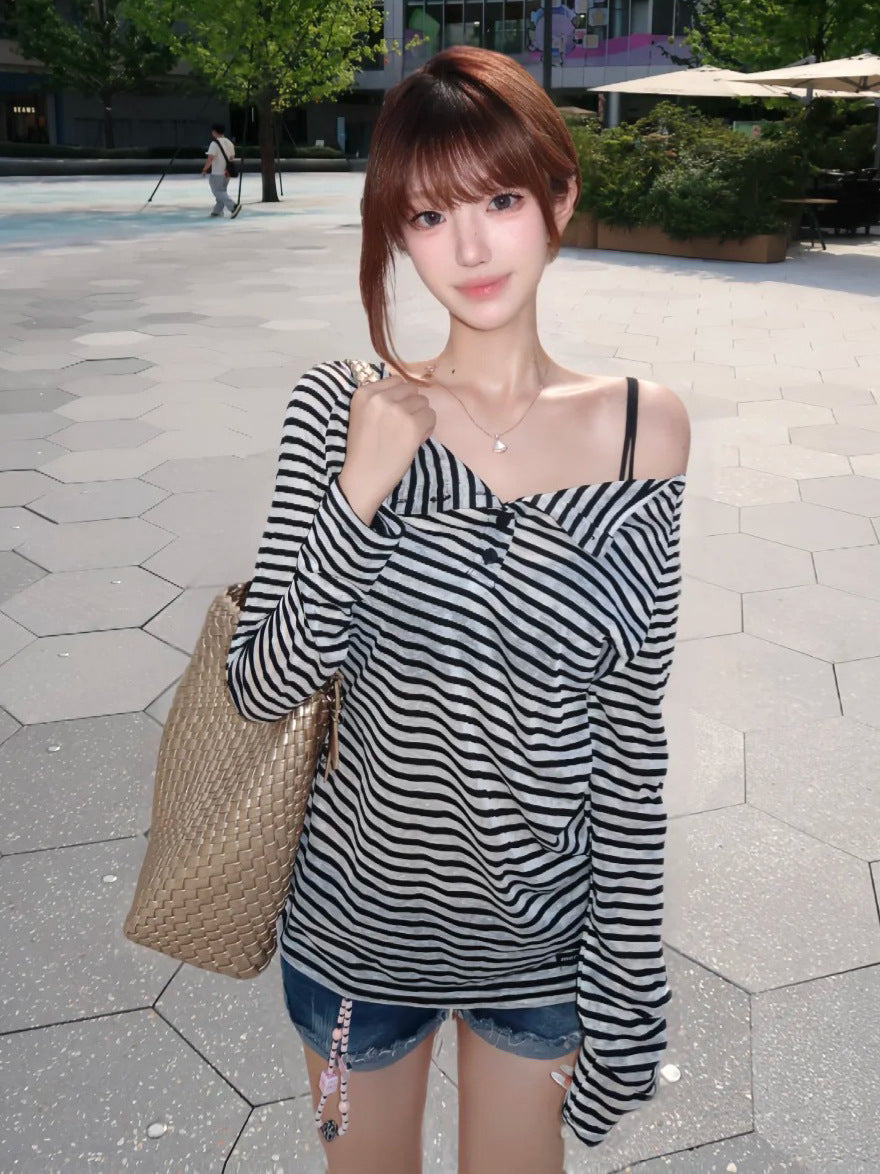 Lazy Wind High-End Striped Long-Sleeved Woman Autumn Leisure Thin Bottom Shirt Hot Girl Thin Top