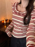 Spice Girls Lace U-Neck Slim Slim Top Girl 2026 Spring And Autumn New Striped Exterior Design Long-Sleeved T-Shirt