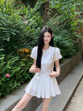 College Style Sweet White Short-Sleeved Shirt Dress Summer New Small 100-Fold Short Skirt