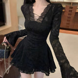 Pure Lusty V-Neck Lace Splicing Long-Sleeved Dress Women's Spring And Autumn New High-End Slim Slimming A Skirt