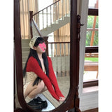 Large-Size Fat Mm French Sweet Hottie Sweet Bumpy Dress Girl Summer Red Cardigan + Broken Floral Skirt Two-Set