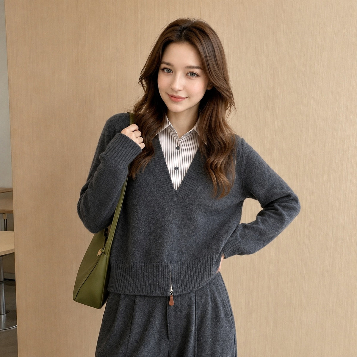 LEKA Korean Spliced Striped Two-Piece Collar Sweater In Autumn Commuter Hooded Loose Thin Knitwear