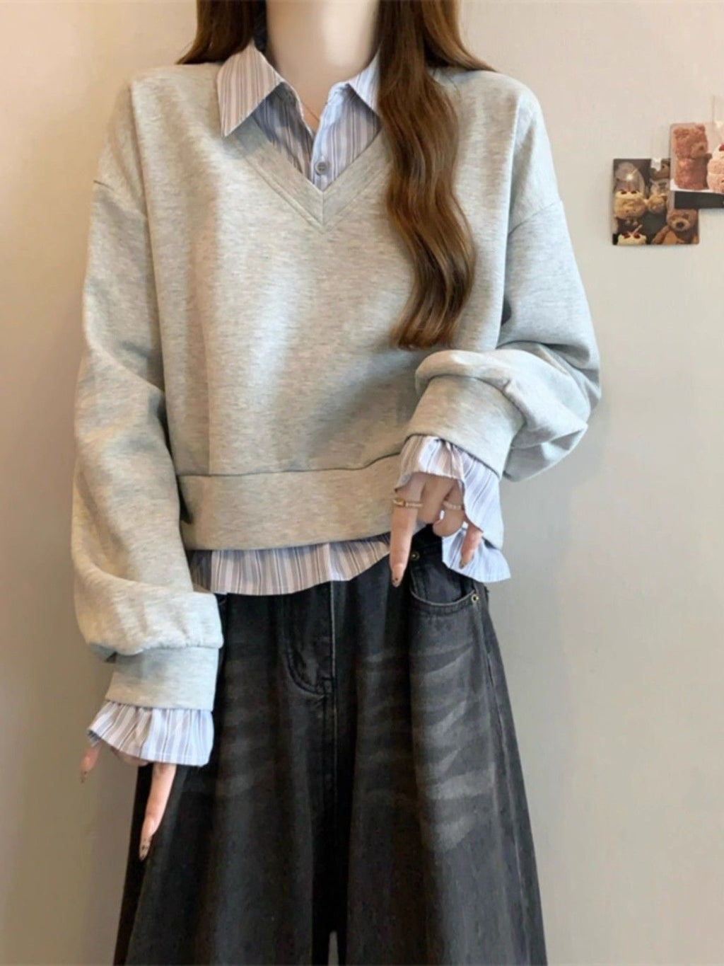 Shirt Splicing Fake Two Women's Spring And Autumn Large-Size Micro-Fat Mm Thin Short College Style Polo Collar Top