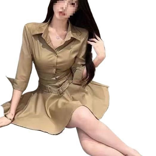 Temperament Half-Button Polo Collar Shirt Dress Women Autumn Waist Thin A Short Skirt