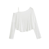 Street Pat Short Shoulder Curved Loose Long-Sleeved T-Shirt Personality Asymmetrical Fashion Tops Thin