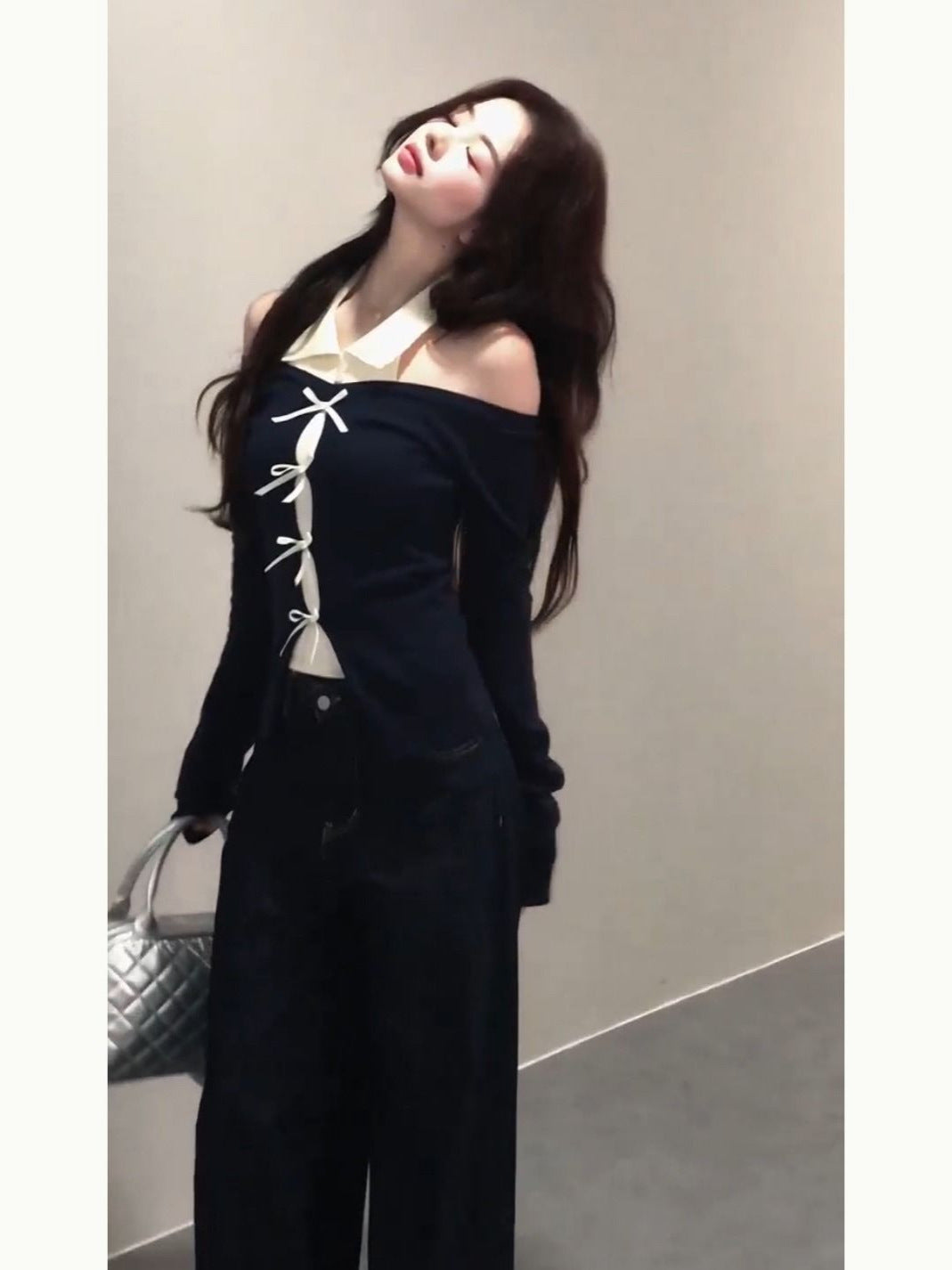 Pure Babes Spliced Bow Knitted Women's Autumn Design Slim Slimming Bottom Shirt Inside The Top