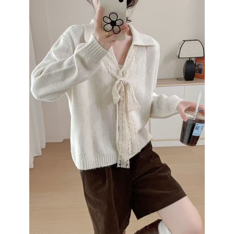 Kaning French V-Neck Bow Tie With Collar Knitted Shirt 2026 Autumn Dress Korean Wearing Lazy Wind Sweater
