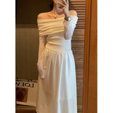 White Shoulder Dress Women's Autumn New French Tea Rest Senior Feeling Waist Lanky Sleeve Skirt Tide