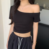 Sexy Hottie Shoulder Slim Short-Sleeved T-Shirt Girl Summer New Fashion Pure Want To Show Thin Umbilion Bottom Top Woman