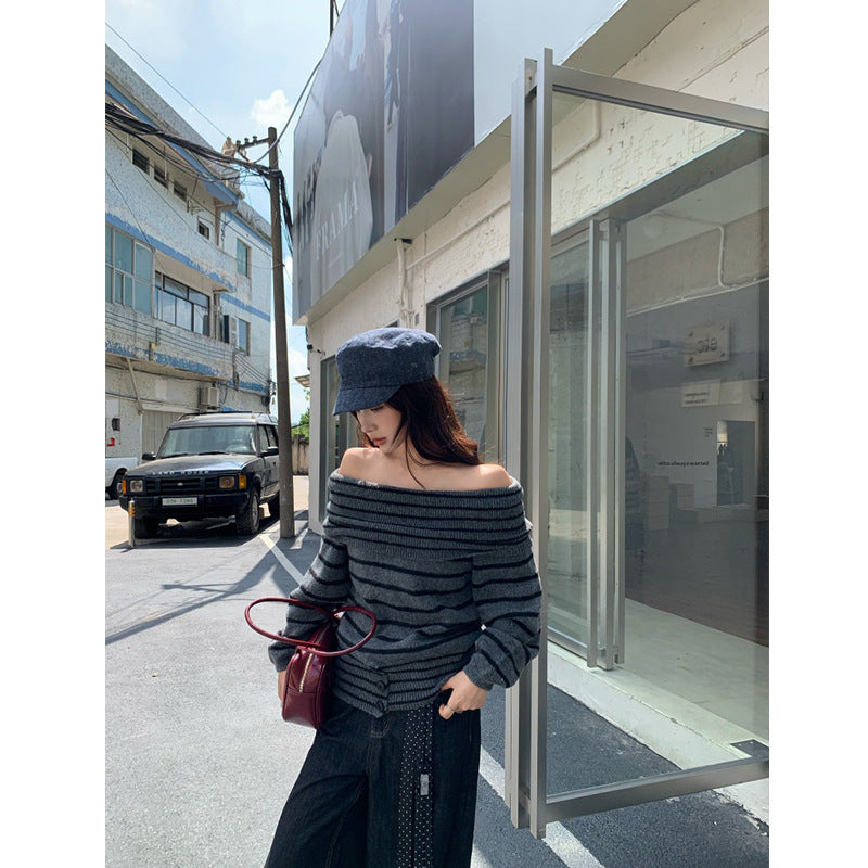 Kumikumi Languized Shoulder-Striped Long-Sleeved Sweater Women's Autumn Free-Lost Thin New Top