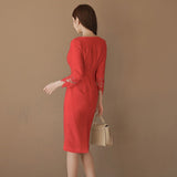 2026 Autumn Dress New Temperament Lace Splicing Dress Dress Dress Seven-Sleeve Body-Body-Suited Dress Dress Woman