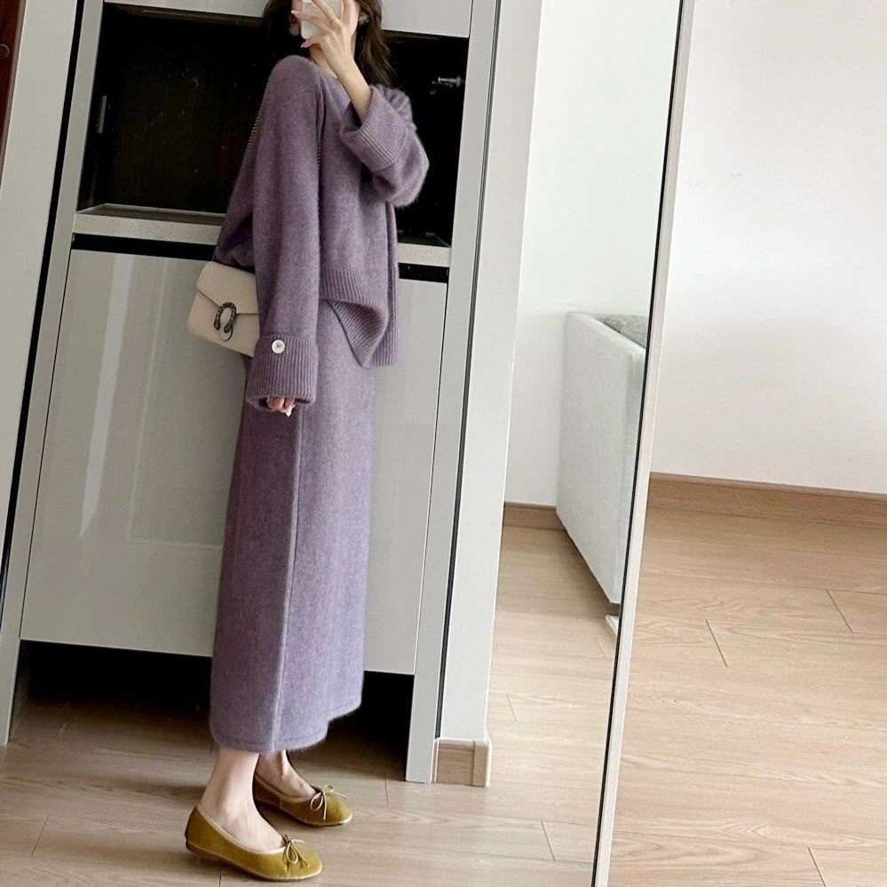 KANING Fashion Sweater Knitted Dress Two-Fash 2026 Autumn New Purple Jersey Sweater Knitted Set For Women