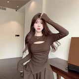Casual Top Half Dress Two Sets Of Women's Early Autumn New Korean Hollow Design Feel Irregular T-Shirt Chic Suit
