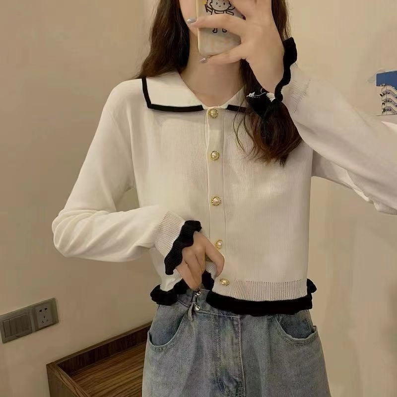 French Color Piecing Knitted Bottom Shirt With Women's Spring And Autumn Small Fragrant Short Sweater Open-Sleeved Top