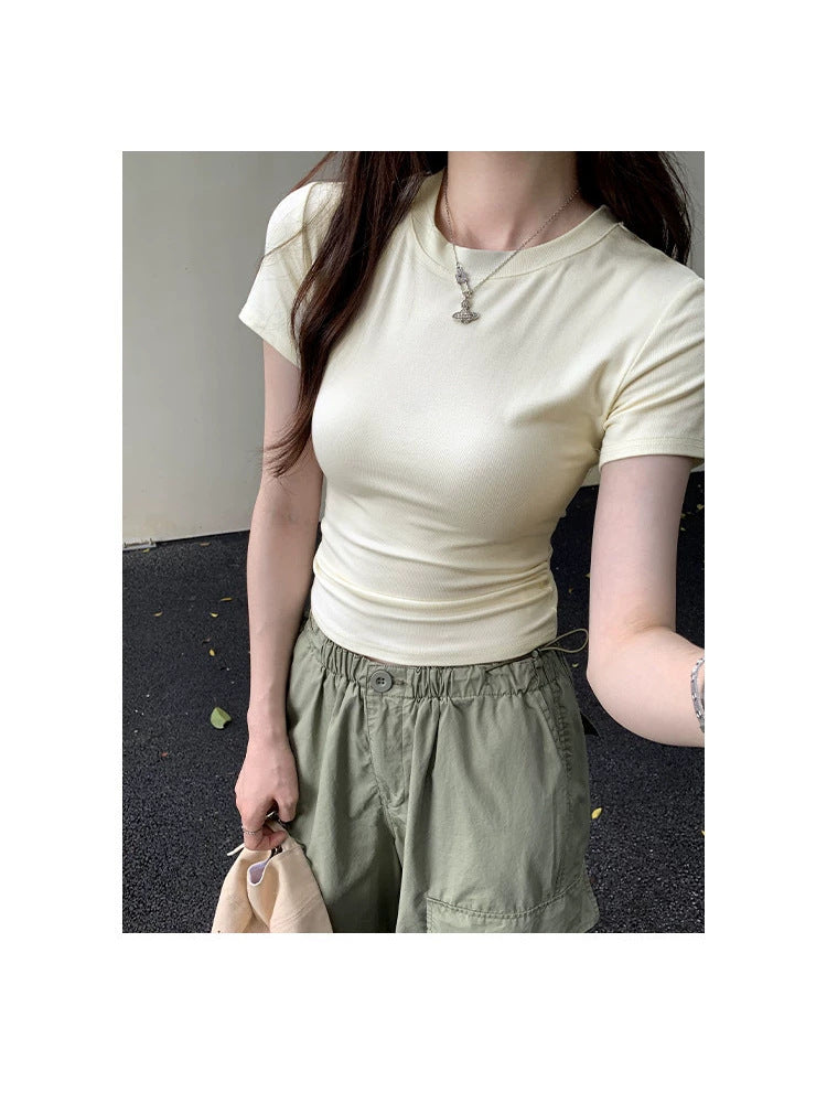 Solid Color Short-Sleeved T-Shirt Woman 2026 Summer Slimy Korean Commuting