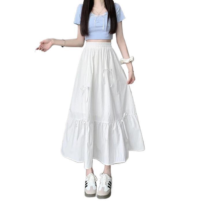 2025 New Summer Gentle Wind Bow Spliced Sweet White Dress Small One-Child Cake Long Skirt