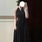 Pure-Want Red Hanging Neck Dress Woman 2025 Early Spring New A-Character Sister To Close The Belt To Repair The Body Of The Long Dress