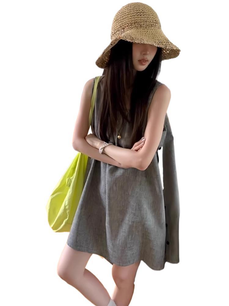 Small Design Side Button Vest Dress Women Summer Leisure Sleeveless A Short Skirt Small