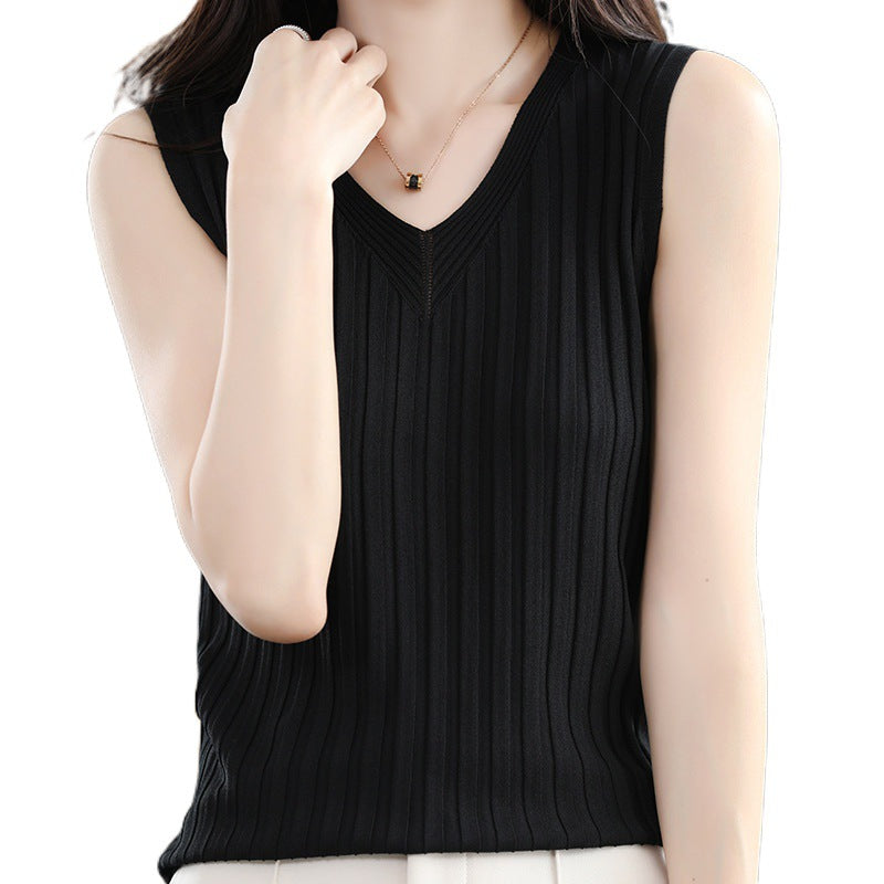Ice Silk Knitted Sling Vest Women's Summer Suit With Bottom Top Sexy Fit Empty Sleeveless Shirt
