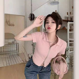Fashion Sweet Hottie Sexy Polo Collar Short-Sleeved T-Shirt Design Double Zipper Repair Slim Short Top