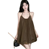 Solidly Colored Bare Shoulder With Back Hanging Neck With Dress Women's Summer Vacation Net Folded Loose Flower Skirt Skirt