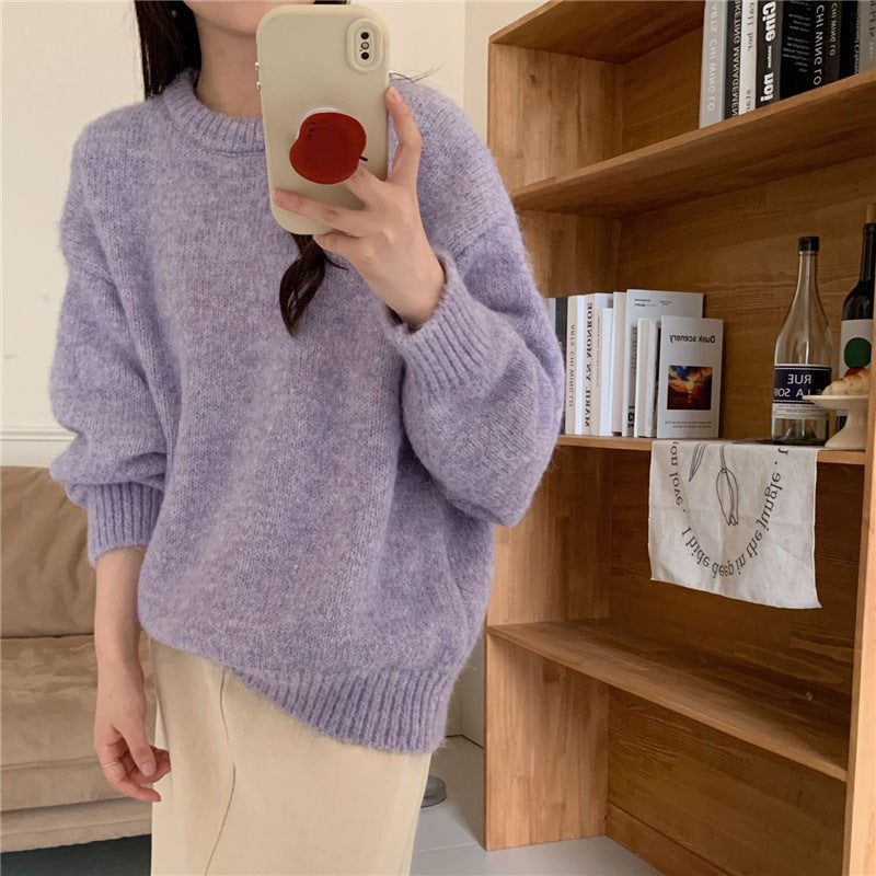 KANING Candy Color Gentle Round Collar Collar Sweater 2026 Autumn And Winter New Korean Soft-Creative Loose Knitted Shirt