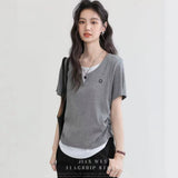 The New Korean Wearing A Casual Short-Sleeved T-Shirt U-Necked Two-Set Set Splicing Design Ribs Women's Summer Top