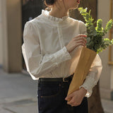 White Shirt Women 2026 Spring New Design Sense Of Small Single Buckle Wooden Ear Tie Shirt