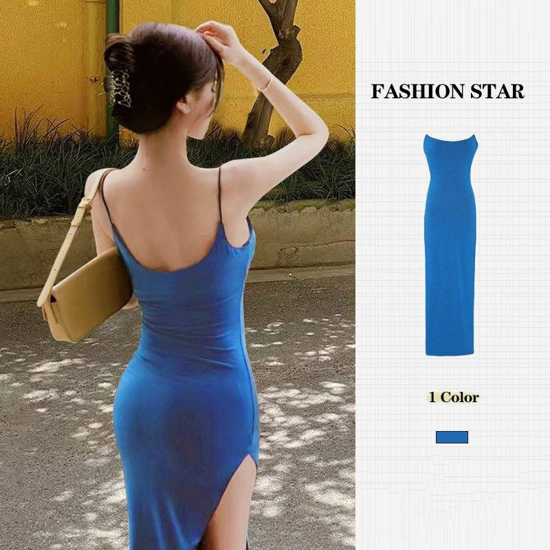 Pure-Style Sexy Blue Sling Dress Women's Summer Korean Version Slim Thin Open Fork And Hip Long Skirt