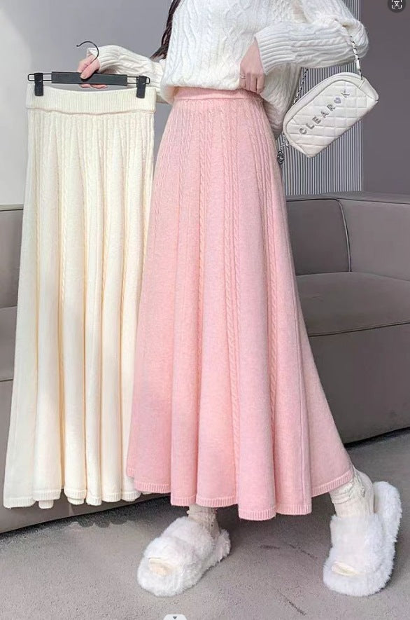 KANING Knitted Wool Skirt Half-Dress 2026 Autumn And Winter New Long Thicker Folding Skirt