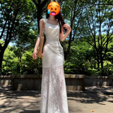 Temperament Princess Style White Lace Folded Sling Dress Women's Summer New Flower-Scuffed And-Coaled Dress