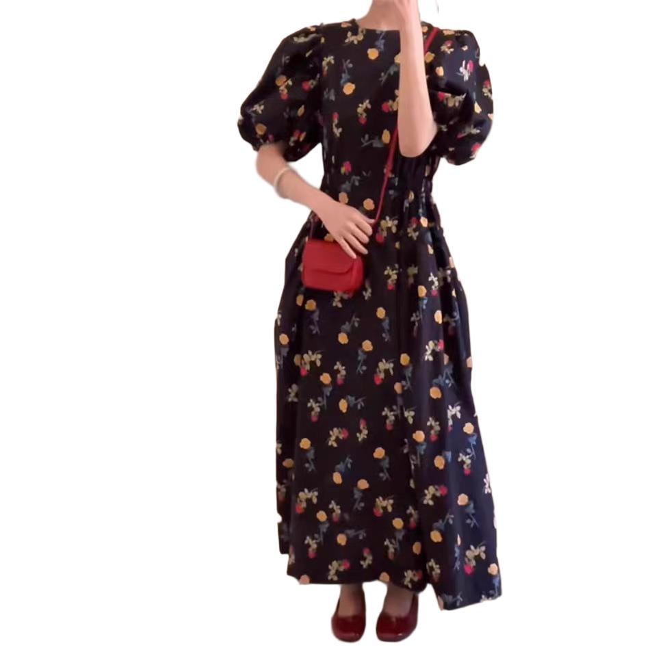 French Retro Black Collar Bubble Sleeve Shirt Dress Summer Waist Swing A Word Holiday Dress Woman
