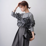 Multiplication A Large Number Of Goods Spring And Autumn And Winter New Women's Long Sleeve Heavy Industry Splicing Lotus Leaf Side Long Sleeves Of Clothing Fashion Top
