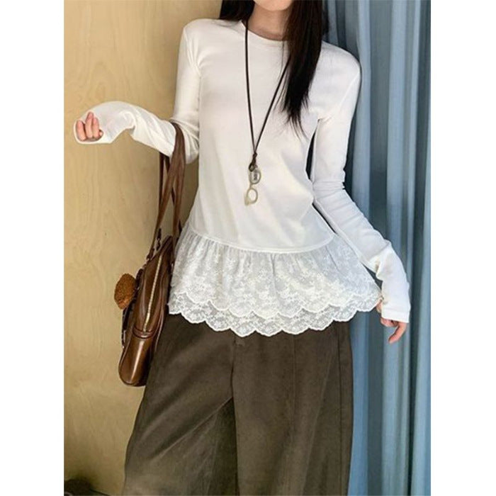 French Retro Lace Bottom-Up Women 2026 New T-Shirt Stacked Commuting Thin Sleeve Top