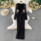 Cummel Senior Sentender Diamond Long Sleeve Dress Women's Autumn Netɴ Ribbon-Repair Elegant Dress