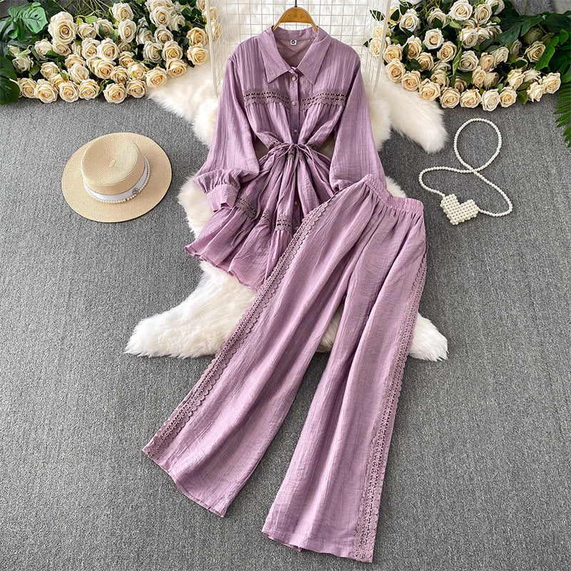 Gentle-Wind Pink Lace Spliced Lap-Over Shirt Long-Lens Waist Coat Two Sets Of High-Rise Thin Leg Pants