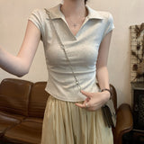 Hottie Sexy Slimming Shoulder T-Shirt Girl Short Sleeve Design Irregular Folds Short Polo Shirt Top