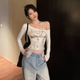 Korean Hottie Collared Shoulder Long-Sleeved T-Shirt Girl Autumn 2025 New Temperament Short Slim Slim Top Tide