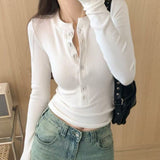 Ins Sexy Pure-Want Button Solid-Colored Long-Sleeved T-Shirt Girl Spring And Autumn Dress V-Neck Slimming Bottom Top Woman T