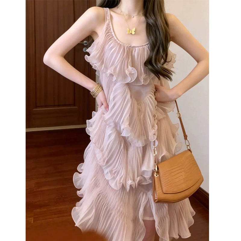 Temperament High-Grade Pressure Folding Heavy-Working Ponn Cake Sling Skirt Design Small Super-Looking Dress 26 Summer