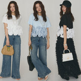 Real Shooting A Large Number Of Goods Summer New Heavy Industry Plate Flowers Spliced Lace Cotton Short-Sleeved Shirt Breathable Female Top