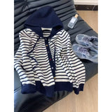 KANING Simple Color Buckle Hooded Striped Knitted Cardigan 2026 Autumn New Loose Thin Sweater Jacket