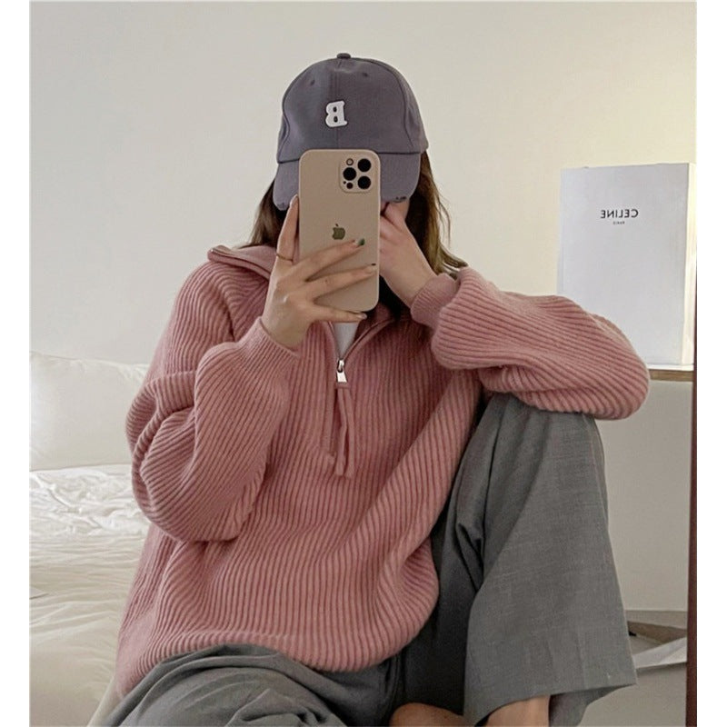 Autumn And Winter Pit Half Zipper Sweater Female Design Collar Soft Languid Lazy Outside Wearing Knitted Shirt Top