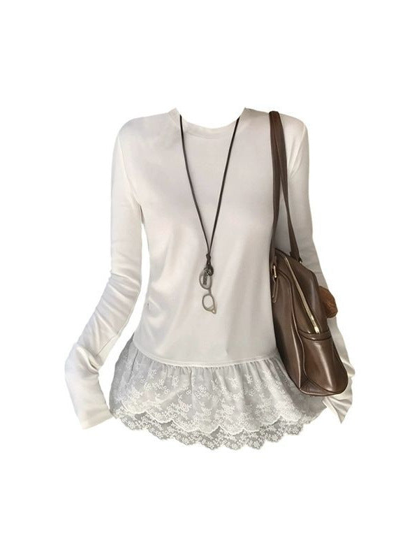 French Retro Lace Bottom-Up Women 2026 New T-Shirt Stacked Commuting Thin Sleeve Top