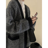 KANING Old Money Windy Dark Gray V-Neck Knitted Cardigan 2026 Autumn And Winter Lazy High Sense Loose Sweater Jacket