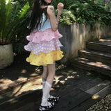 Candy Girl In The Long Color Sleeveless Hanging Neck A Word Wave Cake Dress Women's Summer Sweet Skirt Tide